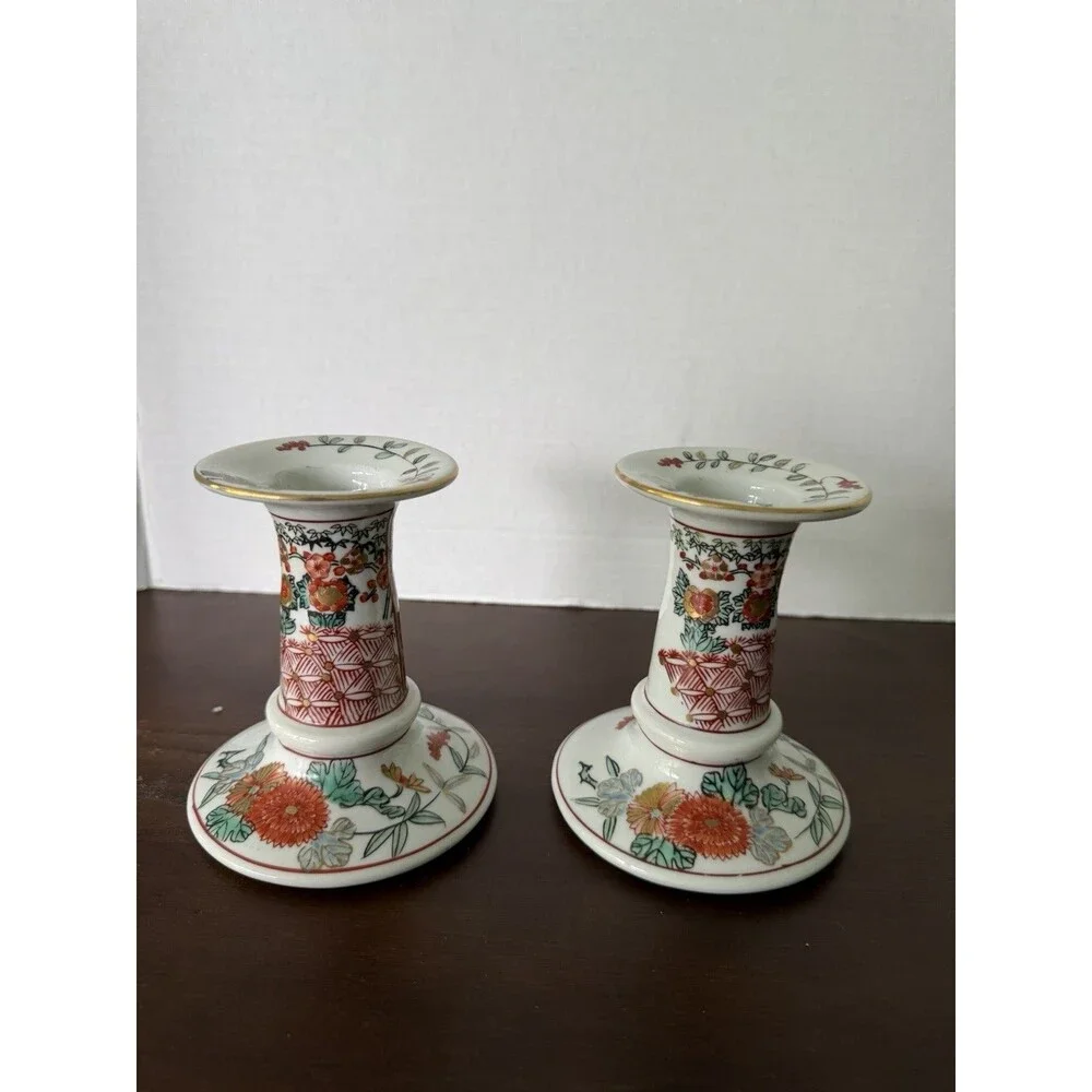 Vtg Gold Imari Japanese Porcelain Hand painted Candlestick Holders set of 2